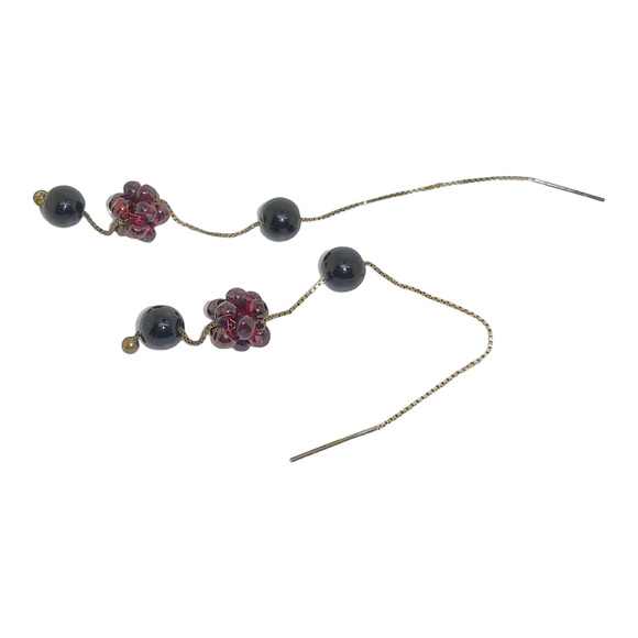 925 Sterling Silver Round Onyx and Garnet Beaded Pierced Ear Threaders Earrings - Picture 2 of 5